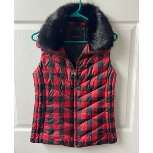 Talbots Buffalo Check Vest Womens XS Red Black Faux Fur Collar Front Zip Pockets